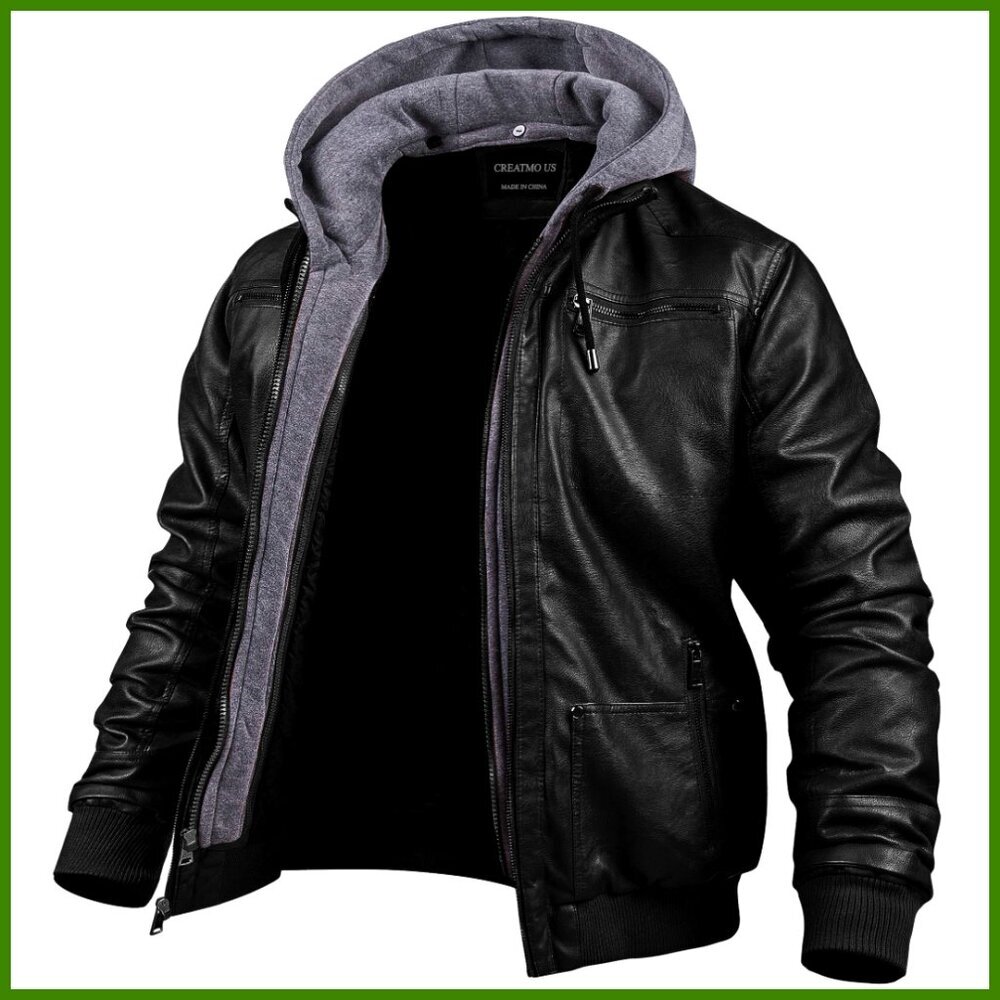 Men's Faux Leather Motorcycle Jacket Waterproof Windproof PU Moto Bomber Hoodie